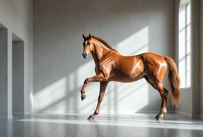 Primary subject: A brown horse with a white stripe on its face, standing on a white floor.

Setting/background: The horse is standing in front of a white wall, which serves as the background.

Visual style: The image is a painting, showcasing the horse in a detailed and artistic manner.

Colors and mood: The dominant colors in the painting are brown and white, creating a warm and natural atmosphere.