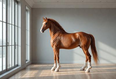 Primary subject: A brown horse standing in a room.

Setting/background: The horse is standing in a room with a white wall.

Visual style: The image is a photo of the horse.

Colors and mood: The horse is brown, and the overall atmosphere is calm and serene.