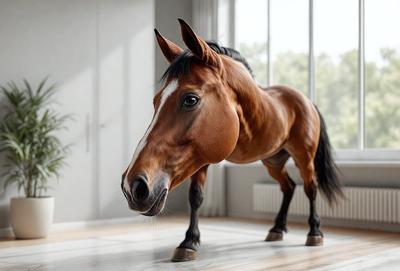 The primary subject of the image is a brown horse standing in a room. The horse is positioned in the center of the scene, and its head is turned to the side. The setting appears to be a room with a window, and the visual style is a photo. The colors in the image are predominantly brown, and the overall atmosphere is calm and focused on the horse.