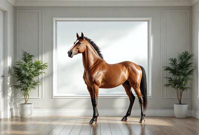 Primary subject: A brown horse standing in a room.

Setting/background: The horse is standing in a room with a white wall and a window.

Visual style: The image is a photo of the horse.

Colors and mood: The horse is brown, and the overall atmosphere is calm and serene.
