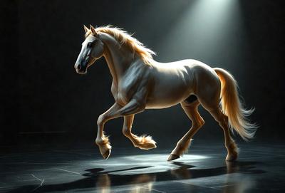 Primary subject: A white horse with a blonde mane and tail, running on a black surface.

Setting/background: The horse is running in a dark room, with a black surface beneath it.

Visual style: The image is a digital art or illustration of a horse running.

Colors and mood: The dominant colors are black and white, with the white horse standing out against the black surface. The overall atmosphere is dynamic and energetic, as the horse is captured in motion.