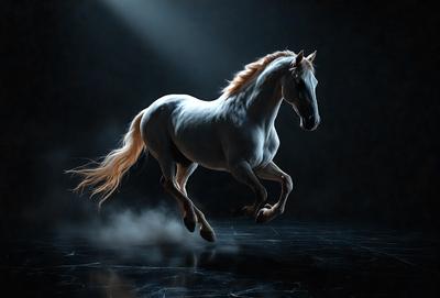 Primary subject: A white horse with a flowing mane, galloping on a black surface.

Setting/background: The horse is galloping in a dark room, with a black surface beneath it.

Visual style: The image is a digital art or illustration of a horse.

Colors and mood: The dominant colors are black and white, with the white horse standing out against the black surface. The overall atmosphere is dynamic and energetic, as the horse is captured in motion.