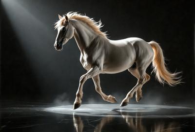 Primary subject: A white horse with blonde mane and tail, running on a dark surface.

Setting/background: The horse is running on a dark surface, possibly a stage or a track.

Visual style: The image is a black and white photo.

Colors and mood: The dominant colors are black and white, creating a dramatic and artistic mood.
