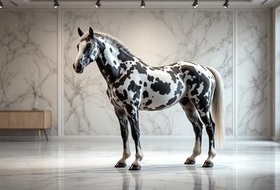 The primary subject of the image is a black and white horse. The horse is standing in a room with a white marble wall, which serves as the setting for the scene. The visual style of the image is a combination of photo and digital art, creating a realistic yet artistic representation of the horse. The colors and mood of the image are predominantly black and white, giving it a classic and timeless feel.