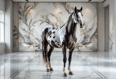 The primary subject of the image is a brown and white spotted horse standing in a room. The horse is positioned in the center of the scene, and it appears to be the main focus of the image. The setting is a room with a wallpapered wall, which serves as the background. The visual style of the image is a photo, capturing the horse in its natural environment. The colors and mood of the image are warm and inviting, with the horse's brown and white spots creating a visually appealing