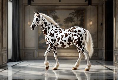 The primary subject of the image is a spotted horse standing in a room. The horse is positioned in the center of the scene, and its spots are clearly visible. The setting includes a wall with a painting, and the overall atmosphere appears to be calm and serene. The visual style of the image is a combination of photo and digital art, creating a unique and eye-catching representation of the horse.