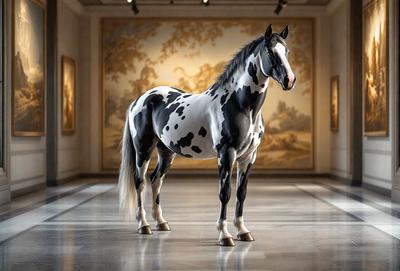 Primary subject: A black and white spotted horse.

Setting/background: A large, empty room with a painting on the wall.

Visual style: The image is a painting, featuring a black and white spotted horse.

Colors and mood: The painting is in black and white, giving it a classic and timeless appearance. The horse's spots create a sense of depth and intrigue in the composition.