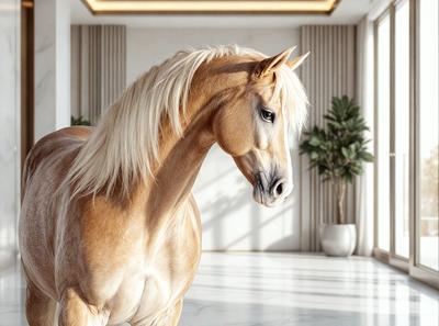 The primary subject of the image is a beautiful horse standing in a large, empty room. The horse is the main focus of the image, and it appears to be the only living creature in the scene. The setting is a spacious room with a white background, which gives the image a clean and minimalist appearance. The visual style is a realistic representation of the horse, and the colors and mood are predominantly neutral, with a sense of calmness and tranquility.