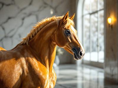Primary subject: A brown horse with a flowing mane.

Setting/background: The horse is standing in a room with a window in the background.

Visual style: The image is a photo of the horse.

Colors and mood: The horse has a warm, earthy color, and the overall atmosphere is calm and serene.
