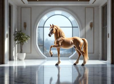 Primary subject: A horse standing in a room.

Setting/background: The horse is standing in a room with a large window, and there is a potted plant nearby.

Visual style: The image is a digital artwork.

Colors and mood: The horse is brown, and the overall atmosphere is calm and serene.