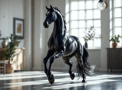 The primary subject of the image is a black horse, which is the main focus of the scene. The horse is running in a room with a white wall, creating a dynamic and energetic atmosphere. The visual style of the image is a combination of photo and digital art, as it appears to be a realistic representation of the horse in motion. The colors in the image are predominantly black and white, which adds to the dramatic and powerful mood of the scene.