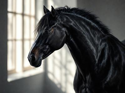 The primary subject of the image is a black horse with a flowing mane. The horse is standing in a room with a window, and the light is shining on its face. The setting appears to be a dark room, and the visual style is a close-up of the horse's face. The colors in the image are predominantly black, and the overall atmosphere is calm and focused on the horse.