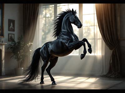 The primary subject of the image is a black horse. The horse is standing in a room with a window, and it appears to be walking or running. The setting is indoors, with a potted plant visible in the background. The visual style of the image is digital art, as it is a computer-generated representation of the horse. The dominant colors in the image are black and white, with the horse being the main focus and the room having a neutral color palette.