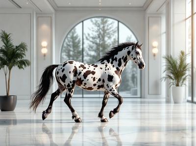Primary subject: A spotted horse walking on a marble floor.

Setting/background: The horse is walking in a large, white room with a marble floor.

Visual style: The image is a digital art or illustration of a spotted horse.

Colors and mood: The horse is black and white, and the overall atmosphere is elegant and sophisticated.