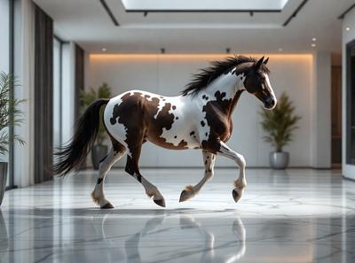 Primary subject: A brown and white spotted horse running on a marble floor.

Setting/background: The horse is running in a large, open room with a marble floor.

Visual style: The image is a photo of the horse in motion.

Colors and mood: The horse has brown and white spots, and the marble floor adds a sense of elegance and sophistication to the scene. The overall atmosphere is energetic and dynamic.