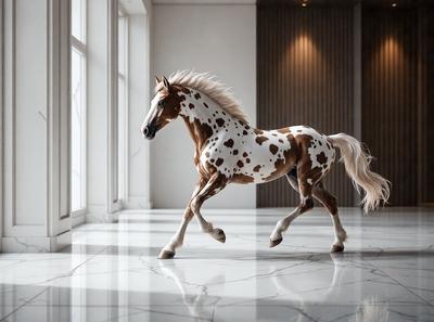 Primary subject: A brown and white spotted horse.

Setting/background: A large, empty room with a marble floor.

Visual style: A photo of the horse.

Colors and mood: The horse has a brown and white spotted pattern, and the overall atmosphere is calm and serene.
