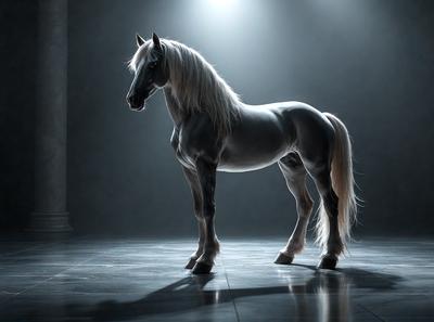 The primary subject of the image is a white horse standing in a white room. The horse is the main focus of the image, and it appears to be the only object in the scene. The setting is a white room, which provides a clean and minimalistic backdrop for the horse. The visual style of the image is a combination of photo and digital art, creating a realistic yet artistic representation of the horse. The colors in the image are predominantly white, giving the scene a calm and serene atmosphere.