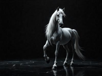 Primary subject: A white horse with a flowing mane.

Setting/background: A dark room with a black background.

Visual style: Digital art.

Colors and mood: The horse is the main focus, and its white color contrasts with the dark background, creating a dramatic and striking image.