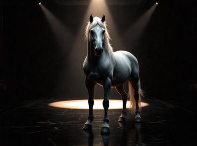 Primary subject: A white horse standing in a dark room with a spotlight on it.

Setting/background: The horse is standing on a stage, with a dark room and a spotlight illuminating it.

Visual style: The image is a digital art or illustration of a white horse.

Colors and mood: The image has a black and white color scheme, giving it a dramatic and moody atmosphere.