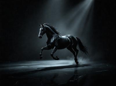 Primary subject: A horse running on a dark surface.

Setting/background: The horse is running on a dark surface, possibly a stage or a track.

Visual style: The image is a black and white photo.

Colors and mood: The image has a dramatic and intense mood, as the horse is captured in motion against the dark background.