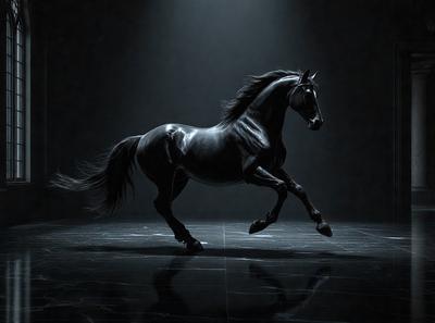 Primary subject: A black horse with a flowing mane.

Setting/background: A dark room with a black background.

Visual style: Digital art.

Colors and mood: The image is black and white, giving it a dramatic and artistic feel.