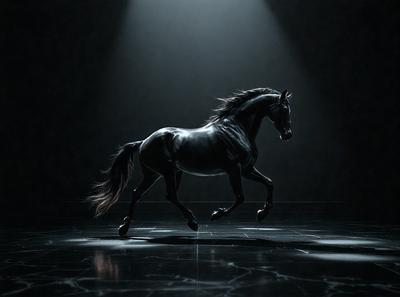 Primary subject: A black horse with a flowing mane.

Setting/background: A dark room with a light source shining on the horse.

Visual style: A black and white photo of the horse.

Colors and mood: The image has a dramatic and moody atmosphere, with the horse being the main focus.