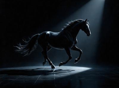 Primary subject: A horse
Setting/background: A dark room with a light source
Visual style: Digital art
Colors and mood: Dark, dramatic, and intense