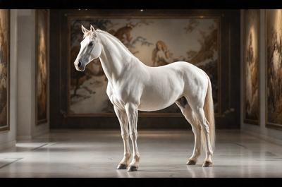 The primary subject of the image is a white horse standing in a room. The horse is positioned in the center of the scene, and it appears to be the main focus of the image. The setting is a room with a backdrop of a painting, which adds an artistic touch to the scene. The visual style of the image is a combination of photo and digital art, creating a unique and visually appealing representation of the horse. The colors in the image are predominantly white, which gives the scene a clean and elegant appearance