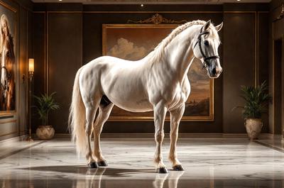 Primary subject: A white horse standing in a room.

Setting/background: The horse is standing in front of a painting, which is hanging on the wall. The room appears to be a formal setting, possibly a museum or a gallery.

Visual style: The image is a photo of the horse in the room.

Colors and mood: The room has a warm and elegant atmosphere, with the white horse and the painting creating a sense of sophistication and beauty.