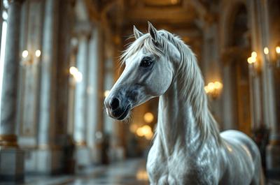 The primary subject of the image is a white horse standing in a large, ornate room. The setting appears to be a palace or a grand building, as indicated by the presence of a chandelier and a potted plant. The visual style of the image is a black and white photo, which adds a sense of timelessness and elegance to the scene. The colors and mood of the image are predominantly dark and dramatic, with the white horse standing out as the focal point.