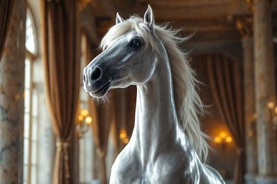 The primary subject of the image is a white horse with a blonde mane. The horse is standing in a room with a curtain in the background. The visual style of the image is a digital art or illustration, creating a realistic and detailed representation of the horse. The colors and mood of the image are predominantly white, giving it a clean and serene atmosphere.