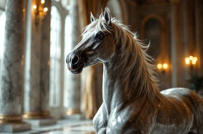 The primary subject of the image is a horse, which is the main object, scene, or focus of the image. The horse is standing in a room with a marble floor, which serves as the setting or background. The visual style of the image is digital art, as it is a digital illustration of the horse. The colors and mood of the image are predominantly silver and white, giving it a clean and elegant appearance.
