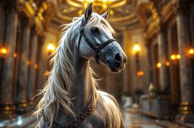Primary subject: A white horse with a black bridle.

Setting/background: The horse is standing in a large, ornate room with a high ceiling. The room has a fancy, decorative atmosphere.

Visual style: The image is a digital artwork, featuring a detailed and realistic representation of the horse.

Colors and mood: The dominant colors in the image are white and black, creating a contrasting and elegant appearance. The overall atmosphere is grand and sophisticated.