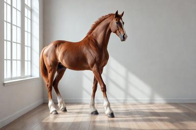 The primary subject of the image is a brown horse standing in a room. The horse is positioned in the center of the room, and it appears to be the main focus of the image. The setting is a room with a white wall, and the visual style is a photo. The colors in the image are predominantly brown and white, giving the scene a natural and calm atmosphere.
