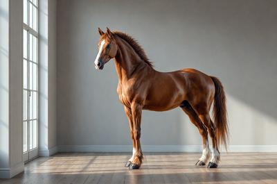 Primary subject: A brown horse standing in a room.

Setting/background: The horse is standing in a room with a white wall.

Visual style: The image is a photo of the horse.

Colors and mood: The horse is brown, and the overall atmosphere is calm and serene.