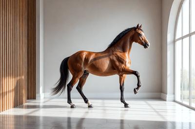 The primary subject of the image is a brown horse standing on a white tile floor. The horse is positioned in the center of the scene, and its body is facing the camera. The setting appears to be indoors, possibly in a stable or a room with a white wall. The visual style of the image is a photo, capturing the horse in its natural environment. The colors in the image are predominantly brown and white, creating a warm and natural atmosphere.