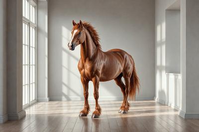 Primary subject: A brown horse standing in a room.

Setting/background: The horse is standing in a room with a white wall.

Visual style: The image is a digital art or illustration of a horse.

Colors and mood: The dominant colors are brown and white, creating a calm and serene atmosphere.