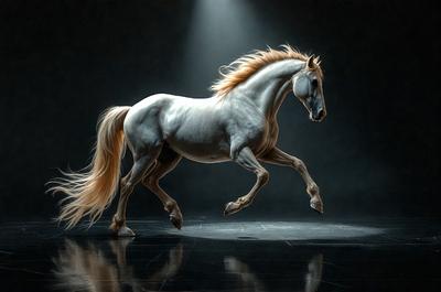 Primary subject: A white horse with a flowing mane.

Setting/background: A dark room with a light source shining on the horse.

Visual style: A digital art or illustration of the horse.

Colors and mood: The horse is predominantly white, and the overall atmosphere is dramatic and captivating.