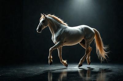 Primary subject: A white horse with a flowing mane.

Setting/background: A dark room with a light source shining on the horse.

Visual style: A black and white photo of the horse.

Colors and mood: The image has a monochromatic color scheme, giving it a classic and timeless feel.