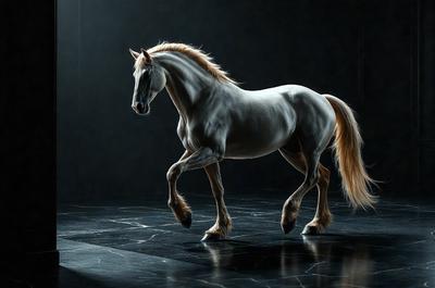 Primary subject: A white horse with a flowing mane.

Setting/background: A black and white photo of the horse.

Visual style: A black and white photo of the horse.

Colors and mood: The image is black and white, giving it a classic and timeless feel. The horse's white color contrasts with the dark background, creating a striking visual effect.