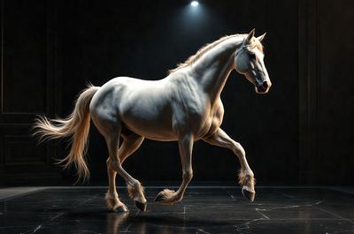 The primary subject of the image is a white horse, which is the main focus of the scene. The horse is standing on a black surface, possibly a stage or a dance floor. The visual style of the image is a photo, capturing the horse in motion. The colors in the image are predominantly black and white, giving the scene a dramatic and artistic atmosphere.