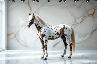 The primary subject of the image is a white and brown spotted horse standing on a white marble floor. The setting is a white marble wall, which serves as the background for the horse. The visual style of the image is a photo, capturing the horse in its natural environment. The colors and mood of the image are predominantly white, giving it a clean and elegant appearance.