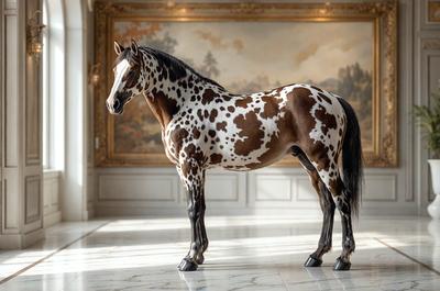 The primary subject of the image is a brown and white spotted horse standing in a room. The horse is positioned in front of a painting, which serves as the background of the scene. The visual style of the image is a photo, capturing the horse in its natural environment. The colors and mood of the image are warm and inviting, with the horse's spots and the painting creating a visually appealing composition.