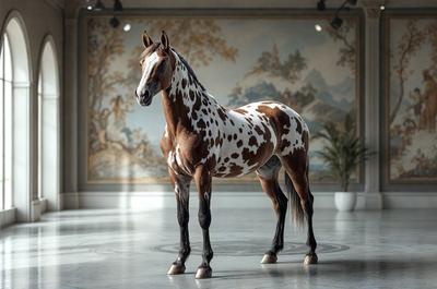 Primary subject: A brown and white spotted horse standing in a room.

Setting/background: The horse is standing in front of a painting, which is hanging on the wall.

Visual style: The image is a photo of the horse.

Colors and mood: The horse has a brown and white spotted pattern, and the room has a neutral color palette. The overall atmosphere is calm and serene.