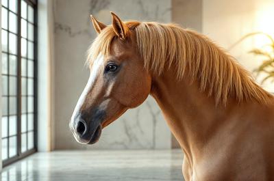 The primary subject of the image is a brown and white horse with a long mane. The horse is standing in a room with a marble floor, which serves as the setting for the scene. The visual style of the image is a photo, capturing the horse's features and the marble floor in detail. The colors in the image are predominantly brown and white, with the marble floor adding a touch of elegance and sophistication to the scene.