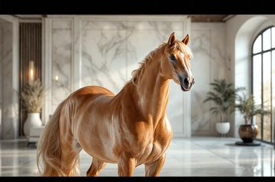 Primary subject: A brown horse with blonde hair.

Setting/background: The horse is standing in a room with a marble floor.

Visual style: The image is a photo of the horse.

Colors and mood: The horse has a warm, earthy color, and the room has a clean, elegant atmosphere.