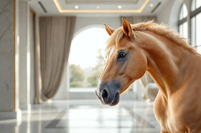 Primary subject: A brown horse with a blonde mane.

Setting/background: The horse is standing in a room with a white floor and a large window.

Visual style: The image is a digital art or illustration of the horse.

Colors and mood: The horse has a warm, earthy tone, and the overall atmosphere is calm and serene.