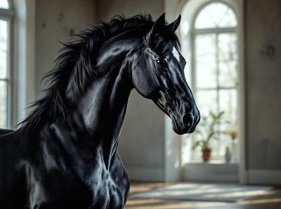 Primary subject: A black horse with a white stripe on its face.

Setting/background: The horse is standing in front of a window, which provides a natural light source.

Visual style: The image is a black and white photo, which adds a timeless and classic feel to the scene.

Colors and mood: The black and white color scheme creates a sense of elegance and sophistication, while the white stripe on the horse's face adds a touch of contrast and interest to the