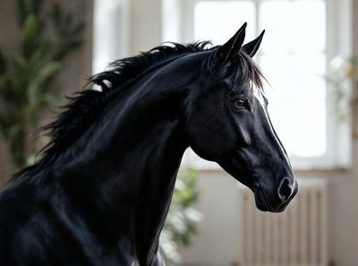 Primary subject: A black horse with a flowing mane.

Setting/background: The horse is standing in front of a window, with a potted plant in the background.

Visual style: The image is a photo of the horse.

Colors and mood: The horse is black, and the overall atmosphere is calm and serene.
