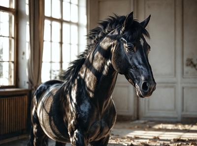 The primary subject of the image is a black horse standing in a room. The setting is indoors, with a window visible in the background. The visual style appears to be a photo, capturing the horse in its natural environment. The colors in the image are predominantly black, giving the scene a moody and dramatic atmosphere.